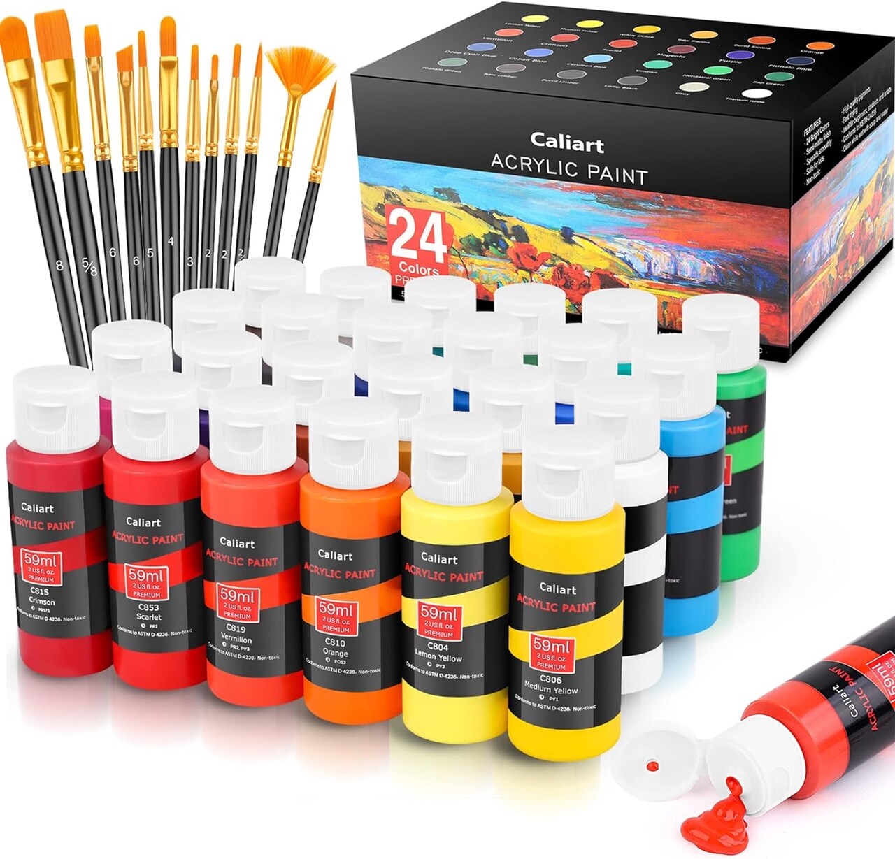 Iridescent Acrylic Paint Set with 12 Brushes, 24 Colors (59ml, 2oz), for Artists, Kids, Beginners